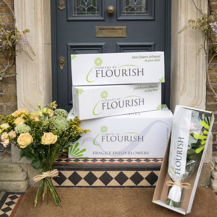 Flowers by Flourish subscription boxes on a doorstep