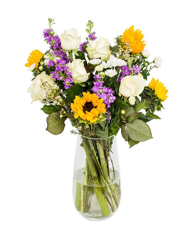 Sunflowers, White Roses & Purple Stocks