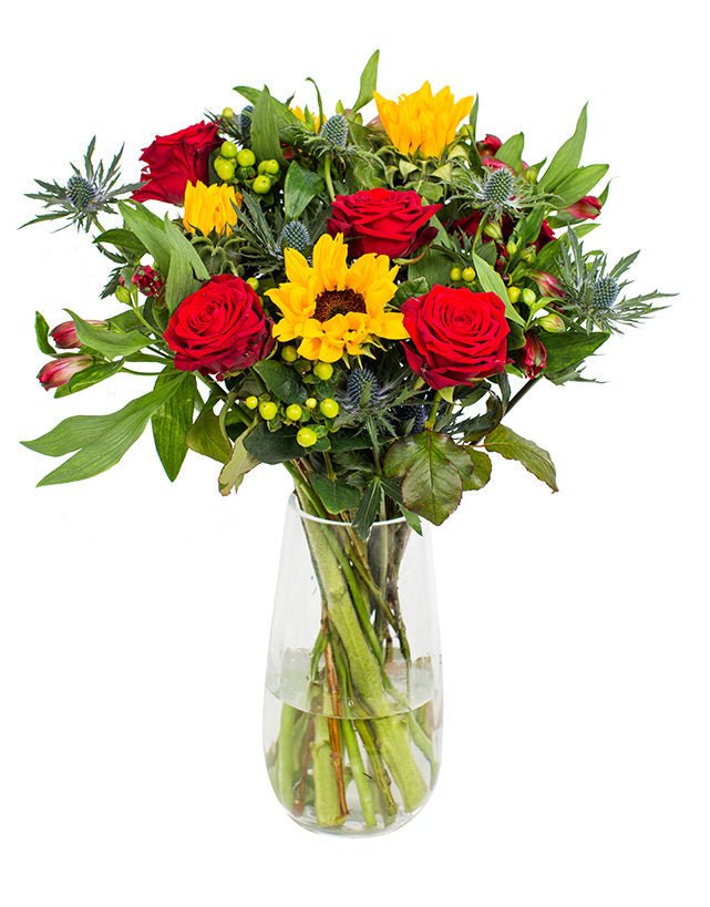 Sunflowers, Red Roses & Thistle Bouquet