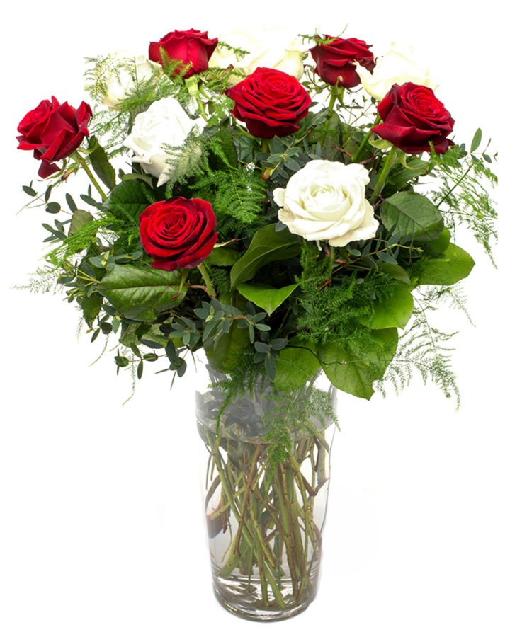 Roses & Foliage - Long Stemmed - Red & White