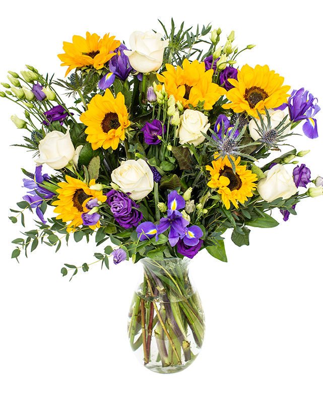 Sunflowers, White Roses & Purple Eustoma